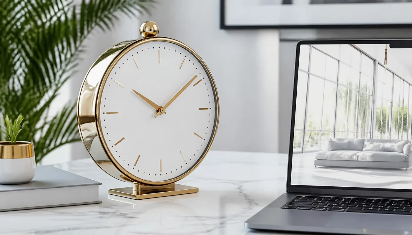 Zegar analogowy stojący obok otwartego laptopa na biurku