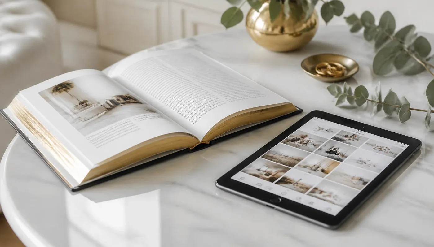 Otwarta książka i tablet leżące na stole